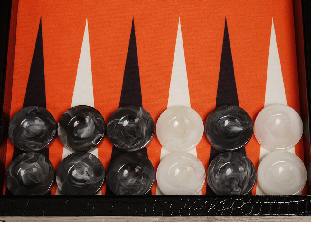 
                  
                    21" Tournament Backgammon Set, Wycliffe Brothers - Black Croco Case, Orange Field - Gen III - American-Wholesaler Inc.
                  
                