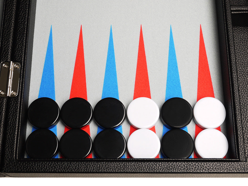 16-inch Premium Backgammon Set - Black with Scarlet Red and Patriot Blue Points - EUR - American-Wholesaler Inc.
