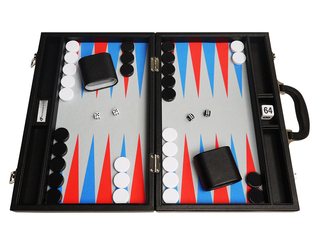 16-inch Premium Backgammon Set - Black with Scarlet Red and Patriot Blue Points - GBP - American-Wholesaler Inc.