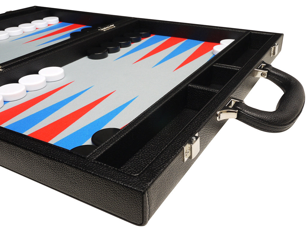 16-inch Premium Backgammon Set - Black with Scarlet Red and Patriot Blue Points - EUR - American-Wholesaler Inc.