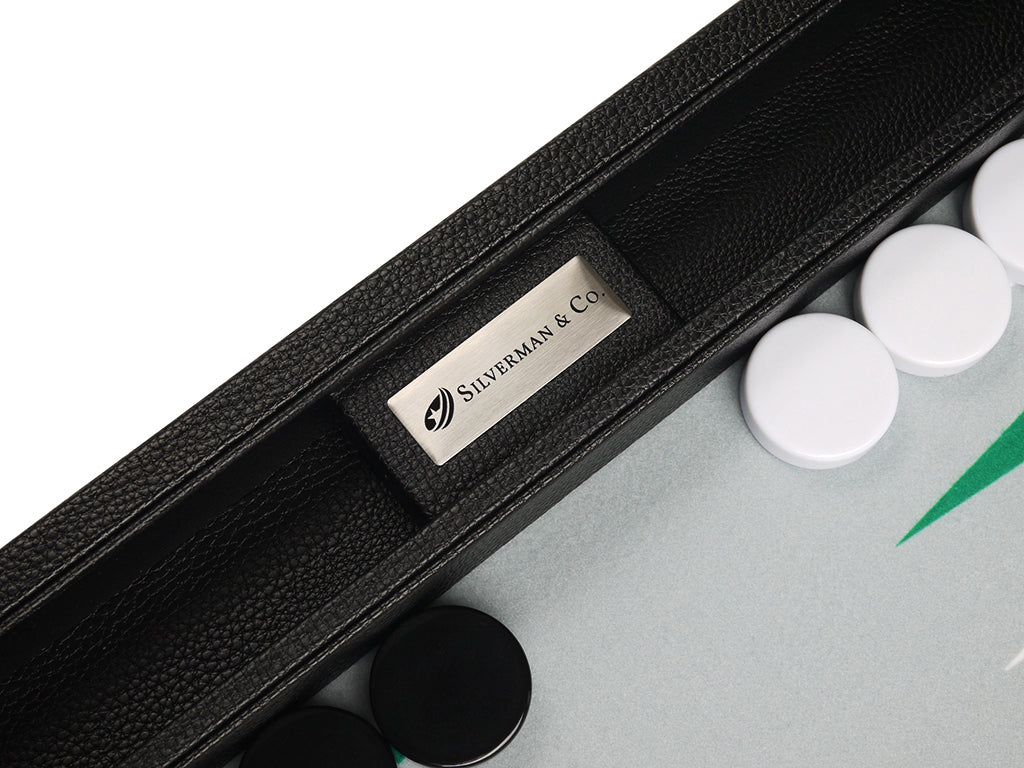 16-inch Premium Backgammon Set - Black Board with White and Green Points - American-Wholesaler Inc.