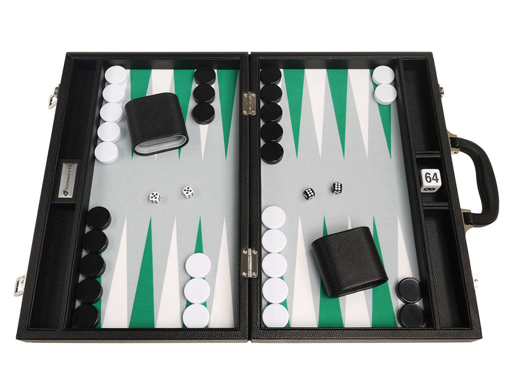 16-inch Premium Backgammon Set - Black Board with White and Green Points - American-Wholesaler Inc.