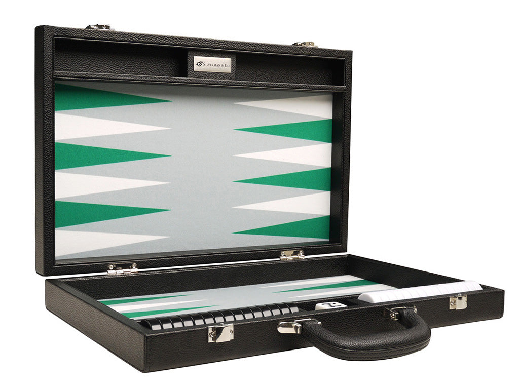 16-inch Premium Backgammon Set - Black Board with White and Green Points - American-Wholesaler Inc.