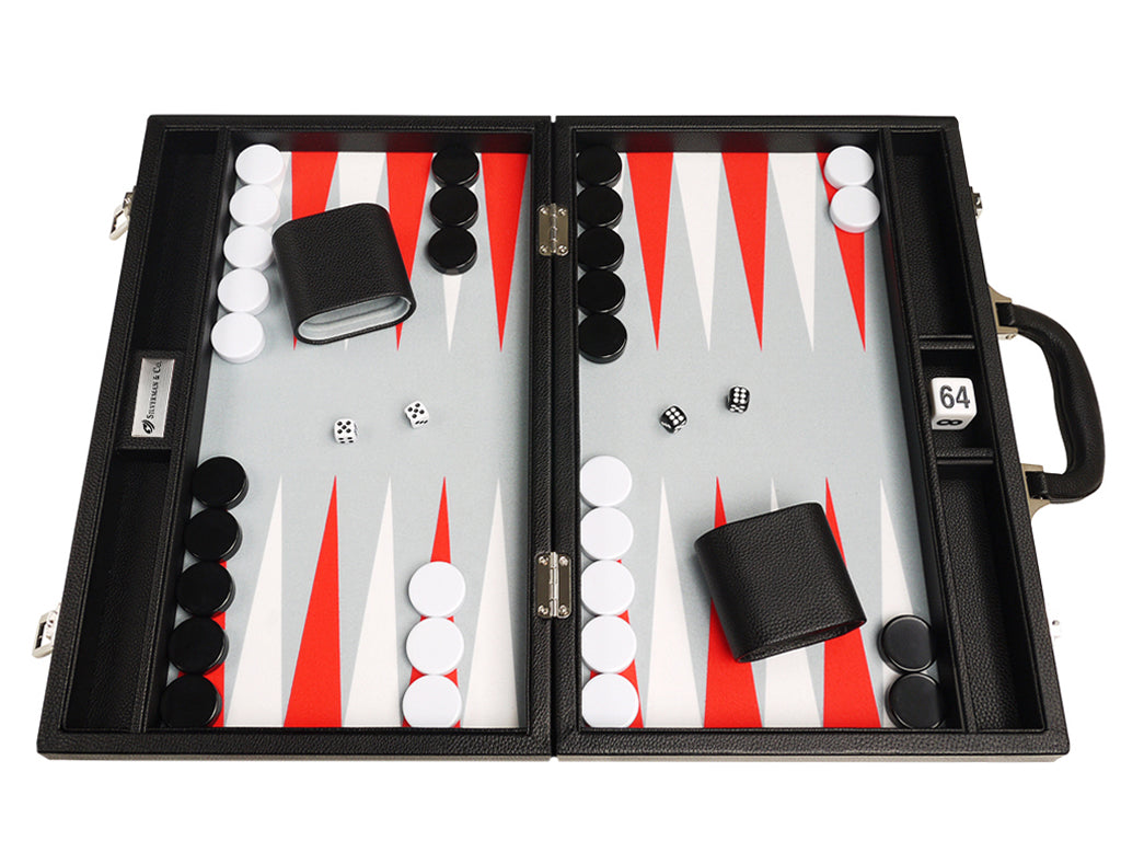 16-inch Premium Backgammon Set - Black with White and Scarlet Red Points - GBP - American-Wholesaler Inc.