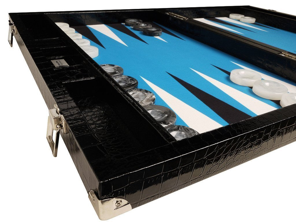 
                  
                    21-inch Tournament Backgammon Set, Wycliffe Brothers - Black Croco with Blue Field - Gen III - EUR - American-Wholesaler Inc.
                  
                