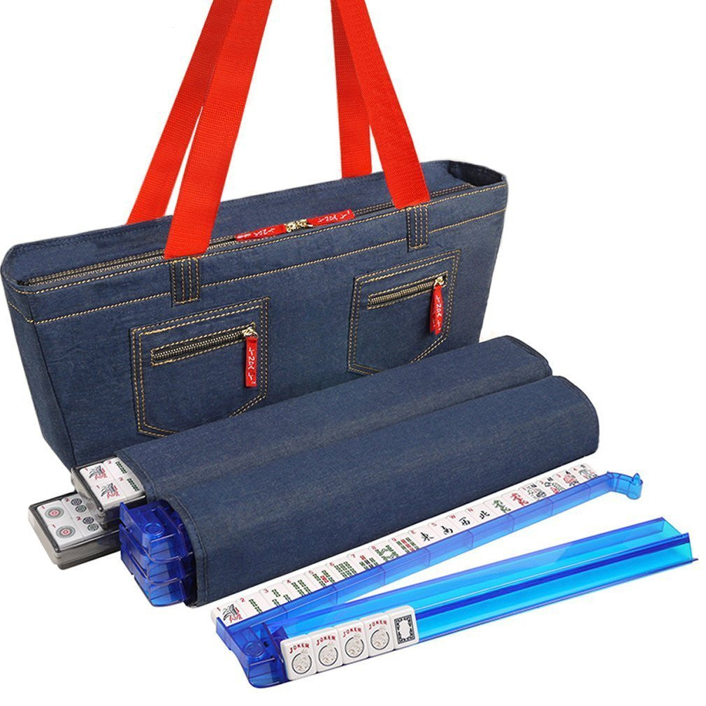 Soft-Sided American Mah Jongg Set by Linda Li® with White Tiles and Modern Pushers - Denim Bag - American-Wholesaler Inc.